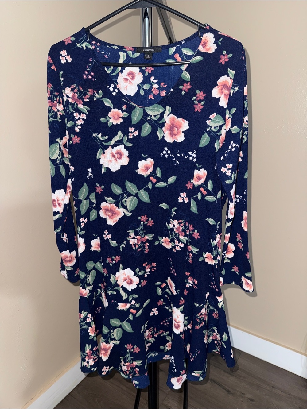 Espresso Navy Floral Long Sleeve Fit-and-Flare Dress